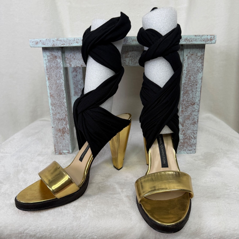 Kirrily Johnston Heels Women 9 Gold Black Wrap Around Strappy Metallic Platform